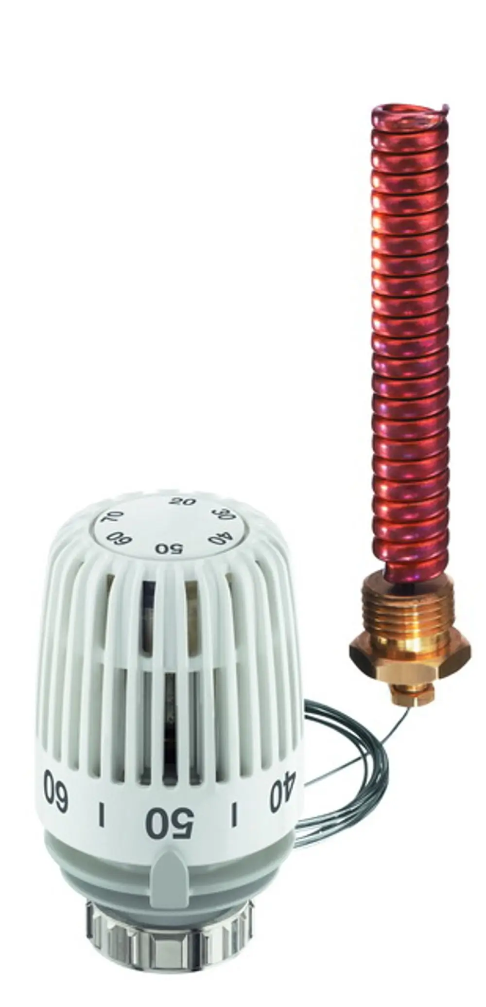 Weißer Thermostatkopf mit Einstellskala und Wendel-Tauchfühler. Sichtbare Verbindungsteile aus Metall, Produkt von IMI Hydronic Engineering.